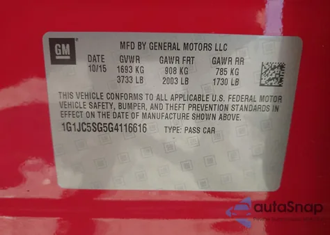 2016 Chevrolet Sonic Lt Auto from USA, damaged, VIN 1G1JC5SG5G4116616